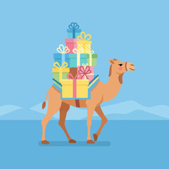 Naklejka premium Cartoon camel carrying a stack of colorful gift boxes with ribbons, on a blue backdrop.