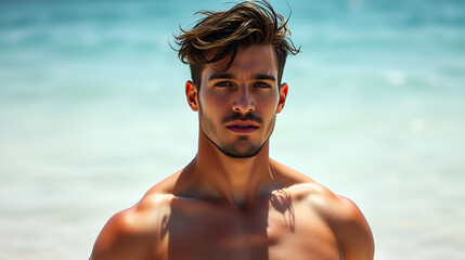 Tanned and muscular Latin European Greek descendant enjoying the beach. Sexy summer concept with a shirtless, sweaty, and handsome gay man