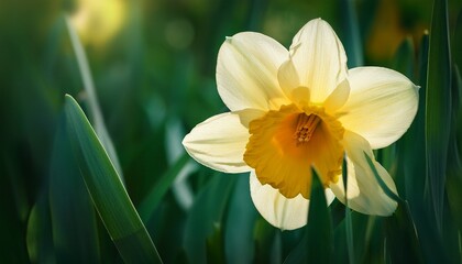 Fototapeta premium Looming Daffodil Flower Against A Green Leafy Background
