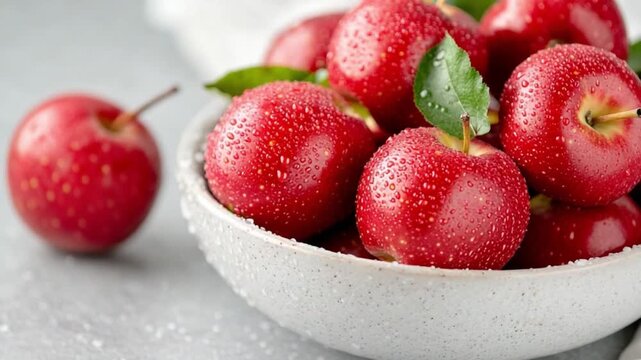 Fresh Apples in a Bowl: A collection of vibrant red apples, adorned with glistening droplets, sit invitingly in a pristine bowl, a testament to nature's bounty and culinary delight.