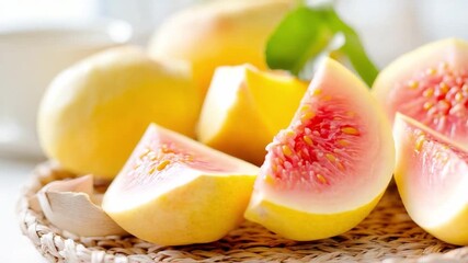 Luscious Peach Display: An alluring shot of sun-kissed peaches, some whole and others expertly sliced to reveal their juicy, vibrant interior, creating a delectable visual feast.