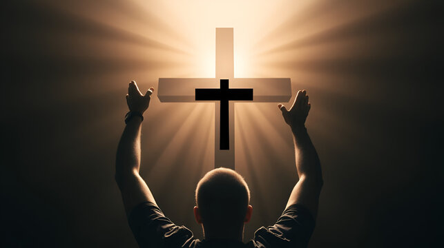 man raises his hands to a shining cross, glorification and blessing, black abstract symbol - Powered by Adobe