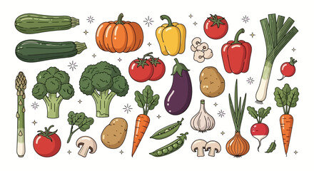 Diverse Vegetables and Produce Still Life Arrangement Asparagus, Eggplant, Carrot, Tomato, Broccoli
