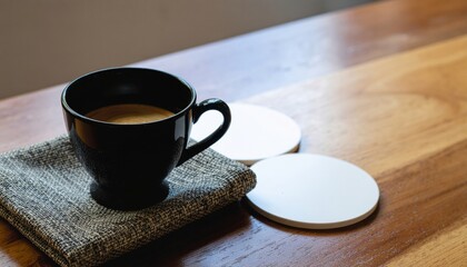 Elegant Black Coffee Cup Resting on Coaster with Soft Cloth on Wooden Table Surface