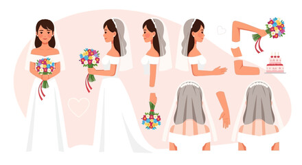 Set of Bride Character Poses in Wedding Dress with Flowers