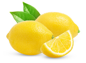 Two lemon fruits and cut in a slice isolated. Lemons and green leaf with clipping path.