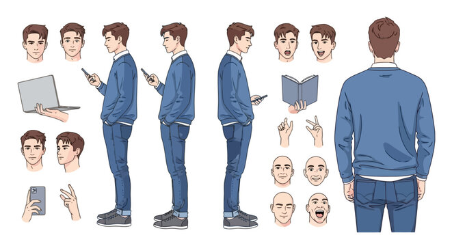 Character Sheet of a Young Man in Various Poses and Expressions