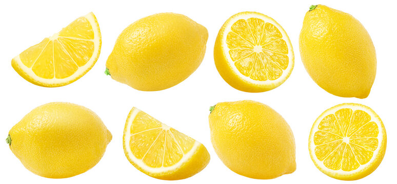 Collection of lemons isolated, no shadow. Whole lemon, slice of lemon and half of lemon with clipping path without shadows.