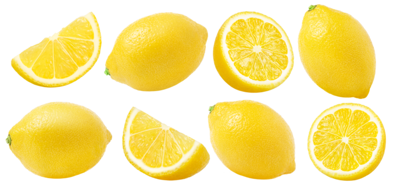 Collection of lemons isolated, no shadow. Whole lemon, slice of lemon and half of lemon with clipping path without shadows.