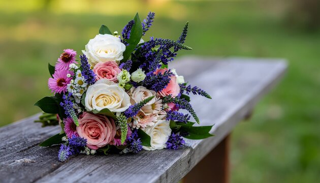 Beautiful mixed flower bouquet placed on a rustic wooden surface, showcasing vibrant colors and natural charm for floral and decorative themes. - Powered by Adobe