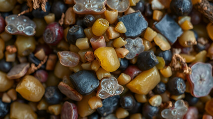 A detailed top down macro shot of grape marc the solid remains of grapes after pressing for wine consisting of skins pulp seeds and stems creating a natural texture.