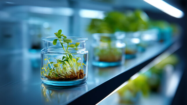 Defocused background showing lab shelves, sharp close-up of seedlings in transparent tubes, gentle reflections on glass, with copy space
