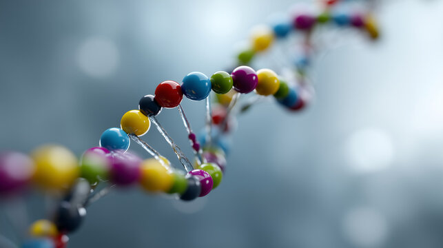 A high-resolution 3D visualization of a DNA double helix composed of vibrant multicolored molecular spheres. Each nucleotide is represented by glossy spherical particles in bold co