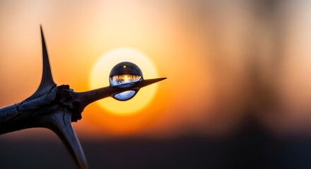 A close-up of a thorny branch with a glass sphere reflecting a sunset sky, creating a striking contrast between natural elements and artistic reflection
