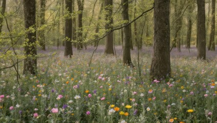 Enchanting Forest Floor Carpeted with Wildflowers in Spring Bloom.