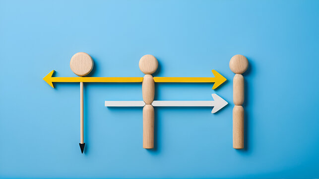 Wooden dolls and exchange arrow on blue background. Copy space. Share, network, peer to peer concept