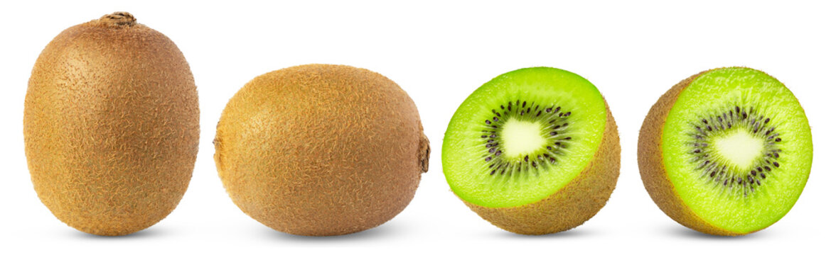 Kiwi fruit and sliced kiwi isolated with clipping path collection. Green kiwi and cut in half.