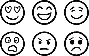 Set of six hand drawn cartoon smiley face emoticons expressing various emotions like love joy surprise anger and sadness