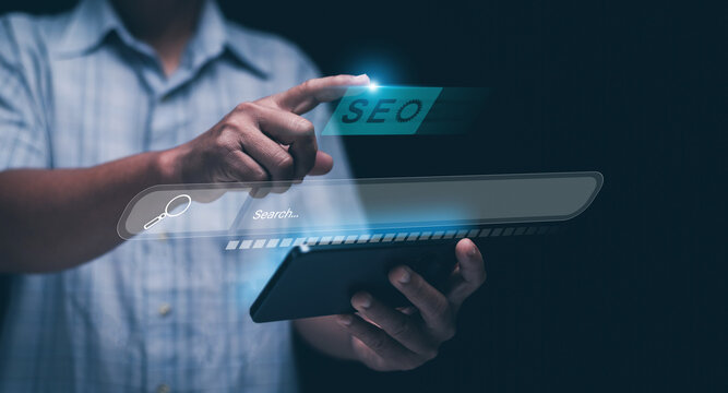 Search engine optimization concept. Person using smartphone and touching a virtual search bar. highlighting online marketing, data optimization and modern technology for boosting website visibility.