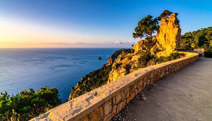 A coastal road winds alongside a rocky cliff, meeting the sea under a clear, sunset sky