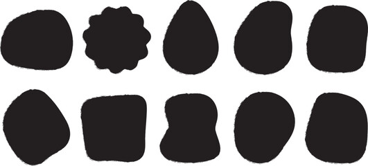 Collection of ten unique black organic abstract shapes and blobs on a white background
