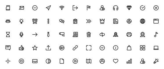 Basic UI icon set. Minimal line vector icons pack. Icludes symbols for data, uer, calendar, arrow, save,chat, star, upload, settins and more. Editable strok.