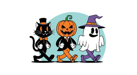 Whimsical Halloween Trio Black Cat, Pumpkin Head, and Friendly Ghost
