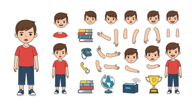 Boy Character Kit Customize a Flat Vector Child with Interchangeable Features