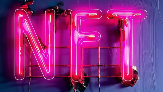 Glowing Neon NFT Sign on Dark Wall Blockchain Art Concept