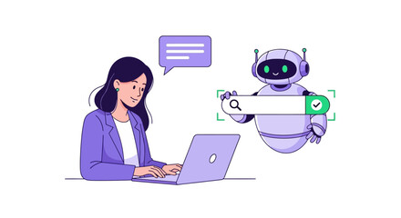 AI Assistant Helping with Search Illustration of a Woman and an AI Bot