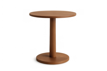 Round wooden pedestal table, minimalist design, brown wood texture, modern furniture for home or cafe interior