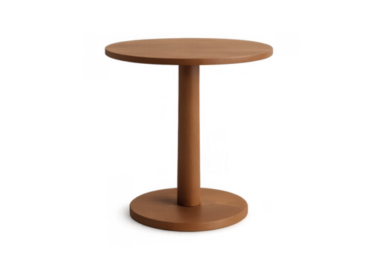 Round wooden pedestal table, minimalist design, brown wood texture, modern furniture for home or cafe interior