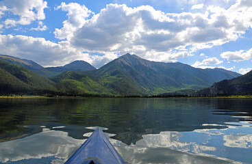 Blue kayak and Twin Lakes landscape - Colorado