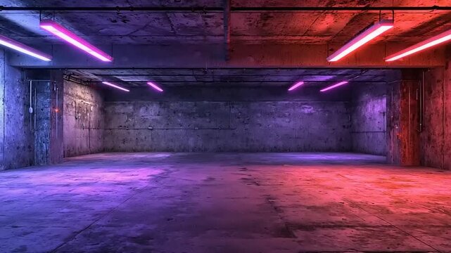 Empty concrete room illuminated by intense neon lighting
