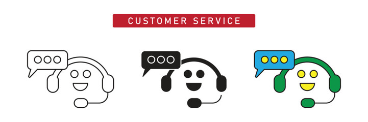 Customer Service Chat Icon: Happy Face with Headset and Speech Bubble Communication Symbol.