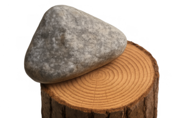 Stone balancing on wood stump showing natural textures, strength, stability, and equilibrium on transparent background