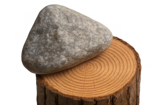 Stone balancing on wood stump showing natural textures, strength, stability, and equilibrium on transparent background