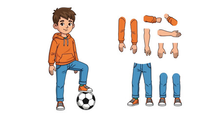 Cartoon boy character in an orange hoodie with a soccer ball, with separate body parts for animation. © emiloo