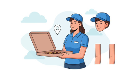 Illustration of a female pizza delivery worker holding an open pizza box, with customizable character parts like a male head and arms.