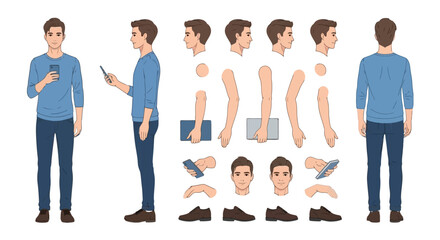 Obraz premium Illustration of a man in various poses, holding a phone, with separate body parts.