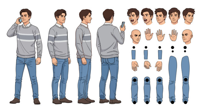 Male character sprite sheet with various poses, expressions, and body parts for animation or game design.