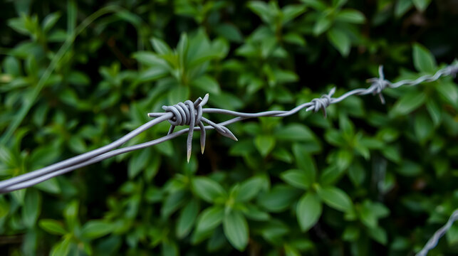 Close-up view of a barbed wire fence against lush greenery.