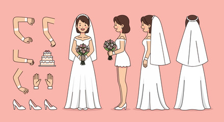 Bride Character Design Sheet Animated Woman in Wedding Dress with Arms, Shoes & Hands Set