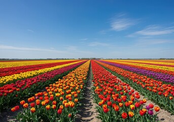 Wide angle view of vibrant red, yellow, and purple tulip flowers blooming in neat, massive agricultural rows under the clear blue sky ,bloom ,farming ,cultivated