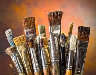 A collection of artist's brushes, of various sizes and wear, against a blurred, warm backdrop