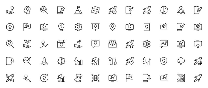 Startup and New Business icon set. Vector illustratin pack. Includes symbols fr rocket, business, money,chart, growth, partnership technology and more. Editble stroke.