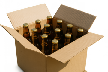 Carton box with twelve brown beer bottles and golden caps, ready for party, celebration, and retail sales on transparent background