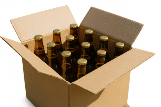 Carton box with twelve brown beer bottles and golden caps, ready for party, celebration, and retail sales on transparent background
