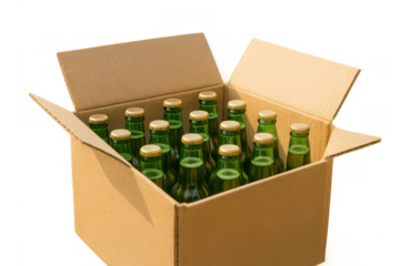 Cardboard box filled with green glass bottles of a refreshing alcoholic beverage, ready for a party or celebration, isolated background