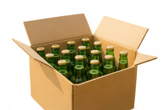 Cardboard box filled with green glass bottles of a refreshing alcoholic beverage, ready for a party or celebration, isolated background